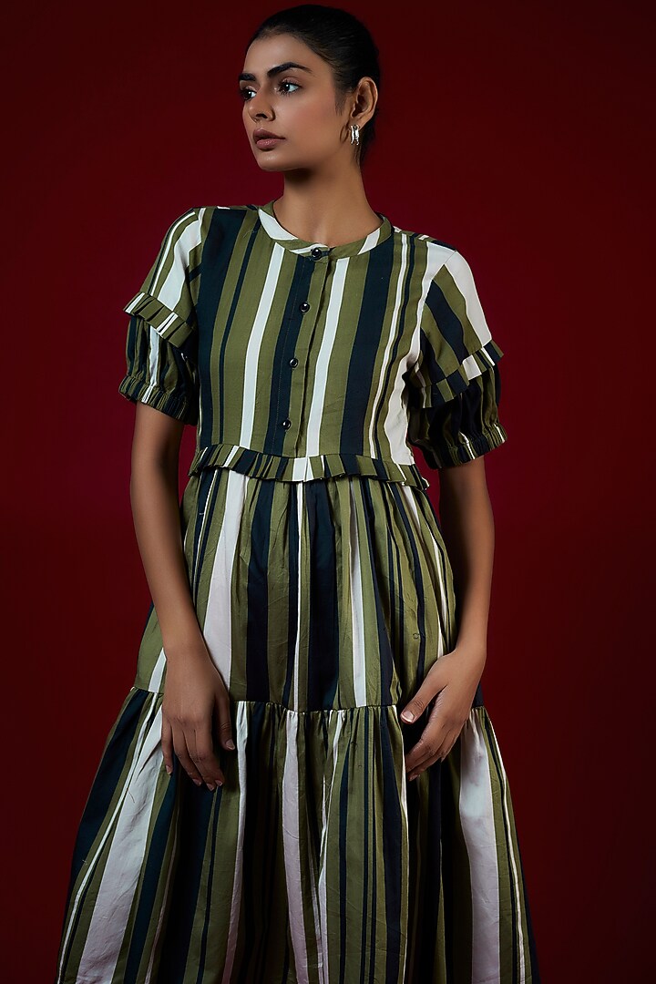 Multi-Colored Twill Cotton Striped & Frilled Summer Dress by Saangi at Pernia's Pop Up Shop