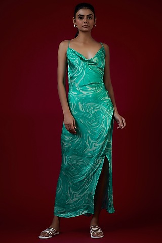 Blue Modal Satin Marble Printed Dress by Saangi
