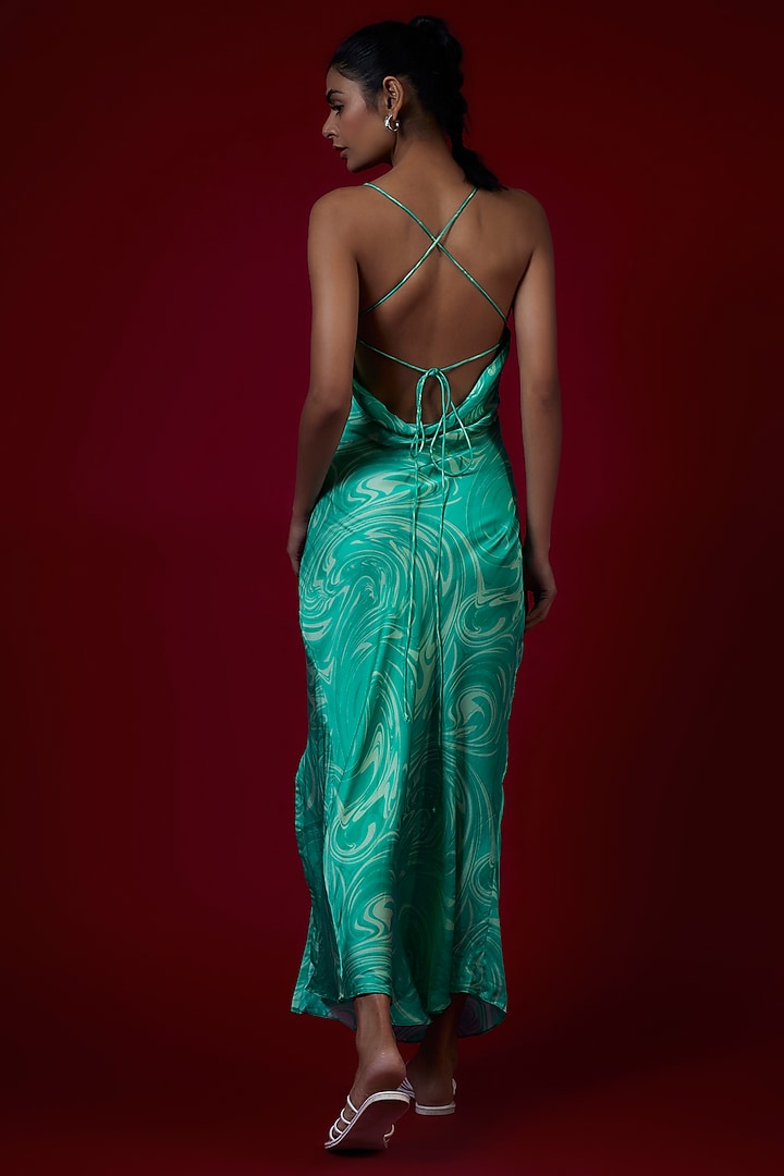 Blue Modal Satin Marble Printed Summer Dress by Saangi at Pernia's Pop Up Shop