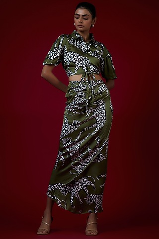 Olive Green Modal Satin Cheetah Printed Draped Skirt Set by Saangi