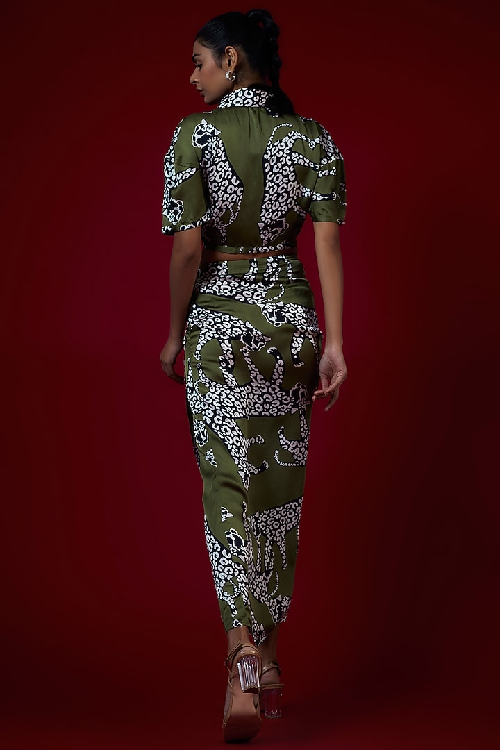 Olive Green Modal Satin Cheetah Printed Draped Skirt Set by Saangi at Pernia's Pop Up Shop