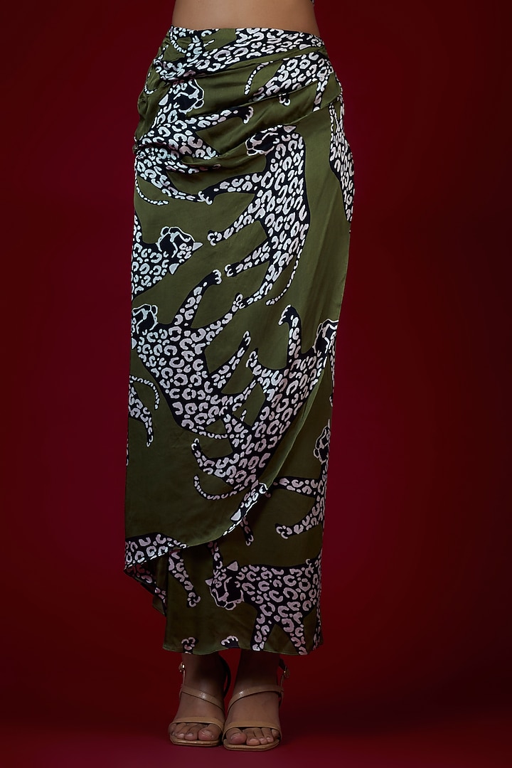 Olive Green Modal Satin Cheetah Printed Draped Skirt Set by Saangi at Pernia's Pop Up Shop