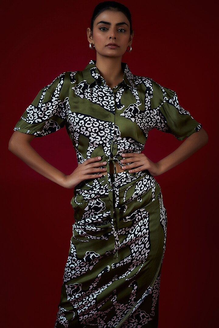 Olive Green Modal Satin Cheetah Printed Draped Skirt Set by Saangi at Pernia's Pop Up Shop