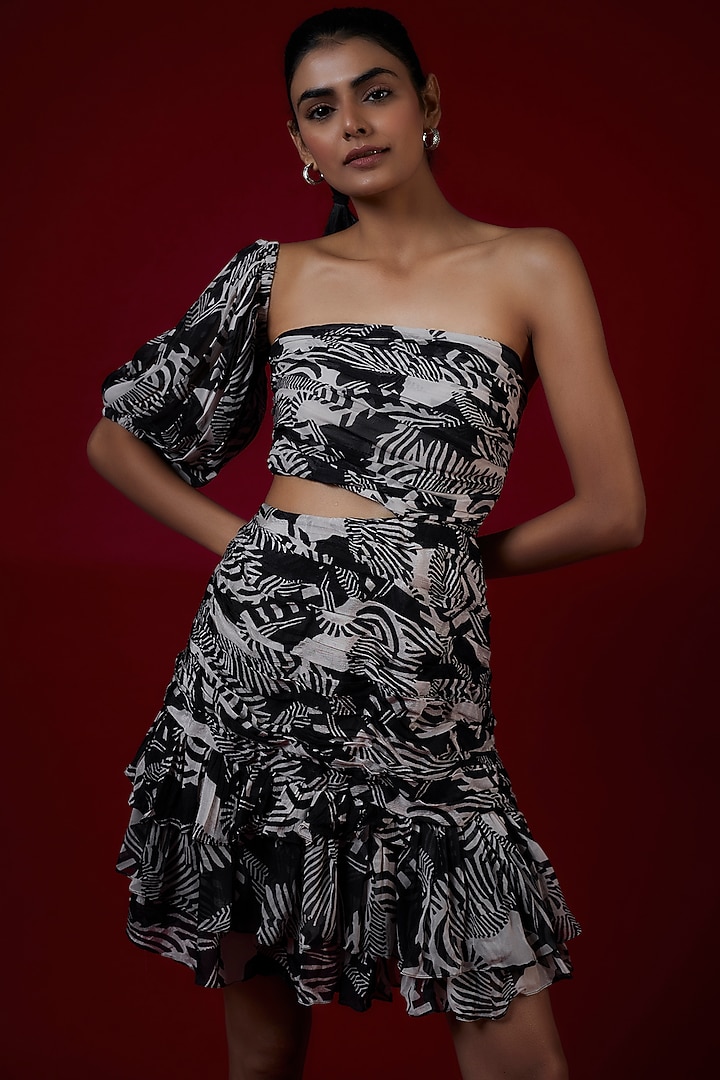 Black & White Chinon Zebra Printed One-Shoulder Ruffled Summer Dress by Saangi at Pernia's Pop Up Shop