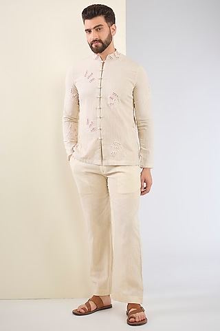 Beige Cotton Thread Embroidered Co-Ord Set by SANCHIT SHARMA