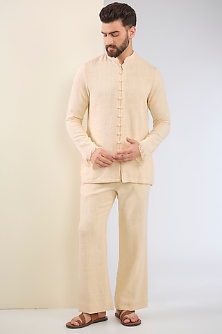Beige Cotton Thread Embroidered Co-Ord Set by SANCHIT SHARMA