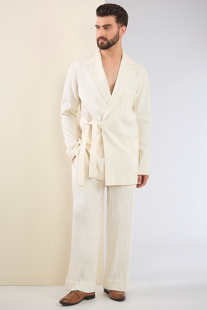 White Crinkled Linen Textured Jacket Set by SANCHIT SHARMA at Pernia's Pop Up Shop
