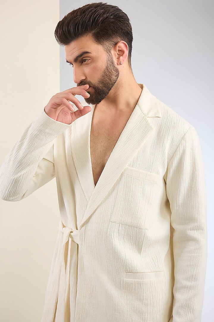 White Crinkled Linen Textured Jacket Set by SANCHIT SHARMA at Pernia's Pop Up Shop