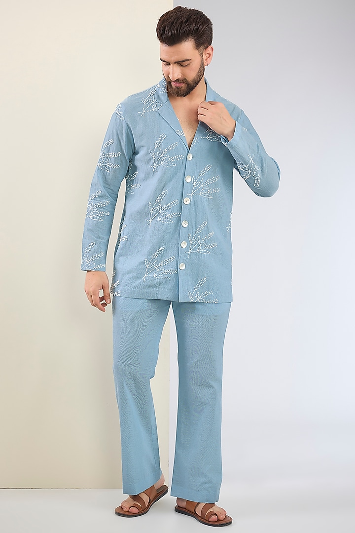 Blue Cotton Thread Embroidered Co-Ord Set by SANCHIT SHARMA at Pernia's Pop Up Shop