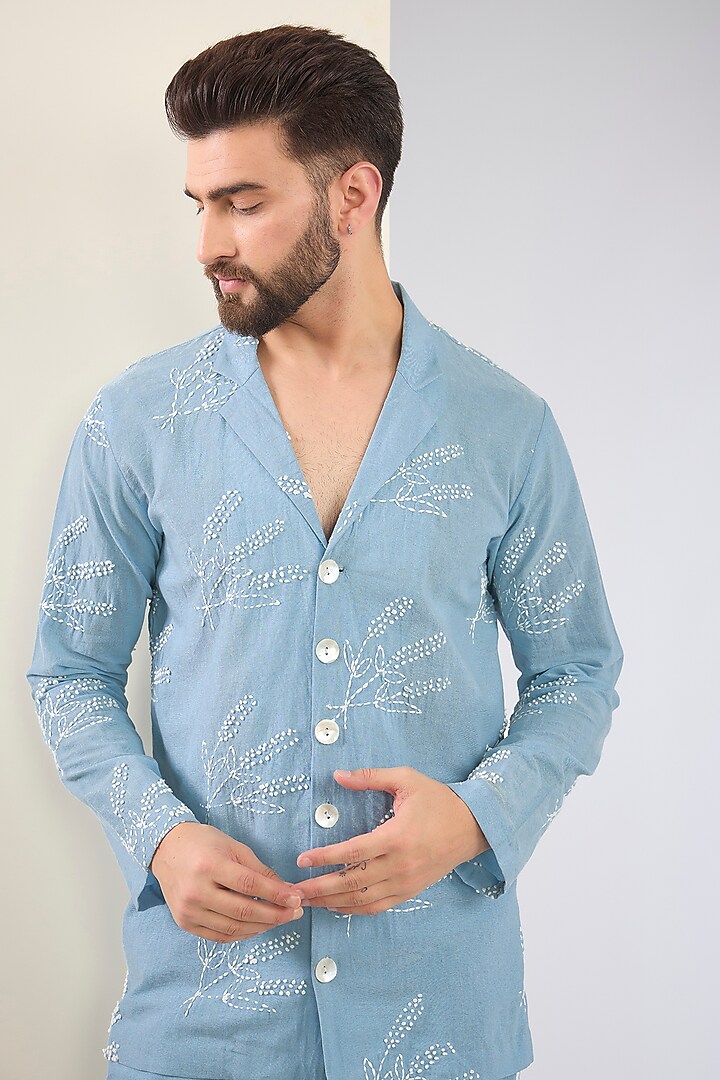 Blue Cotton Thread Embroidered Co-Ord Set by SANCHIT SHARMA at Pernia's Pop Up Shop
