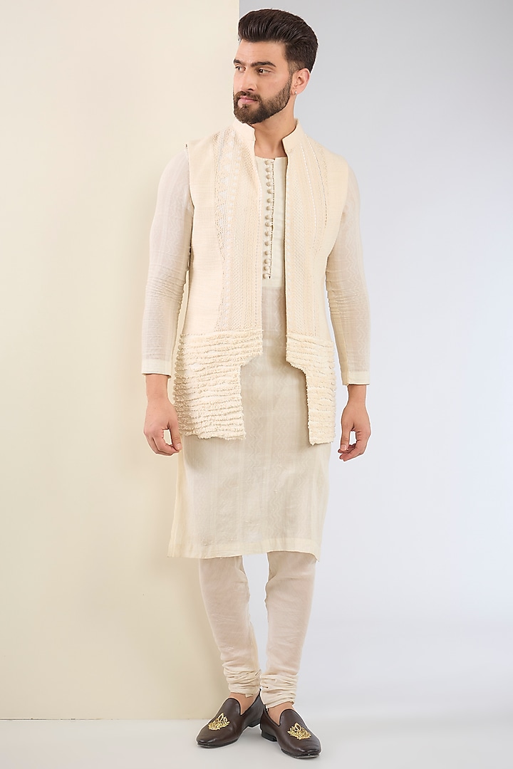 Ivory Cotton Textured Indo-Western Set by SANCHIT SHARMA