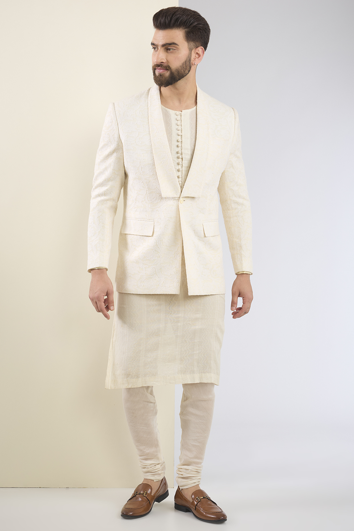 Ivory Cotton Textured Indo-Western Set by SANCHIT SHARMA