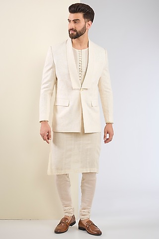 Ivory Cotton Textured Indo-Western Set by SANCHIT SHARMA