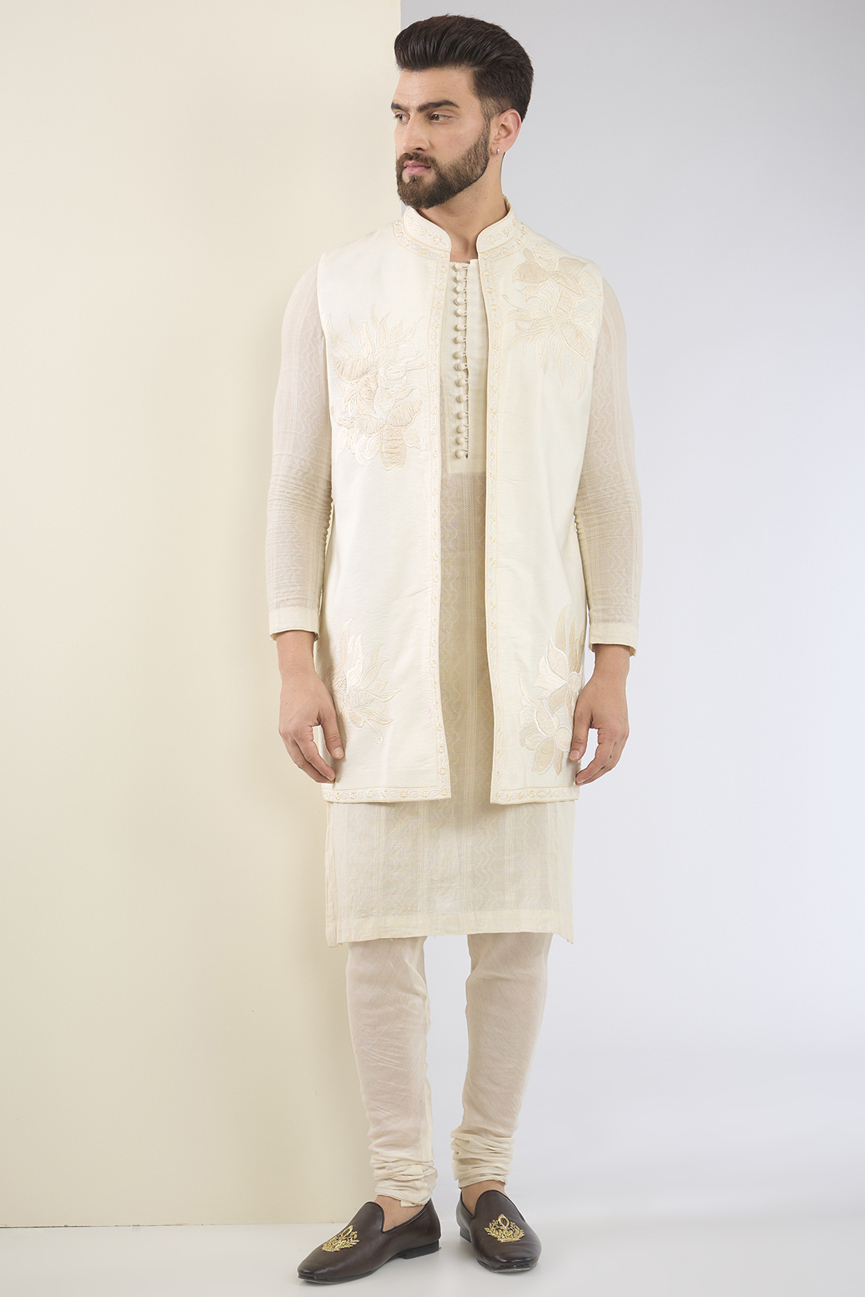 Ivory Cotton Textured Indo-Western Set by SANCHIT SHARMA