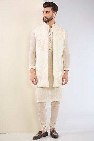 Ivory Cotton Textured Indo-Western Set by SANCHIT SHARMA