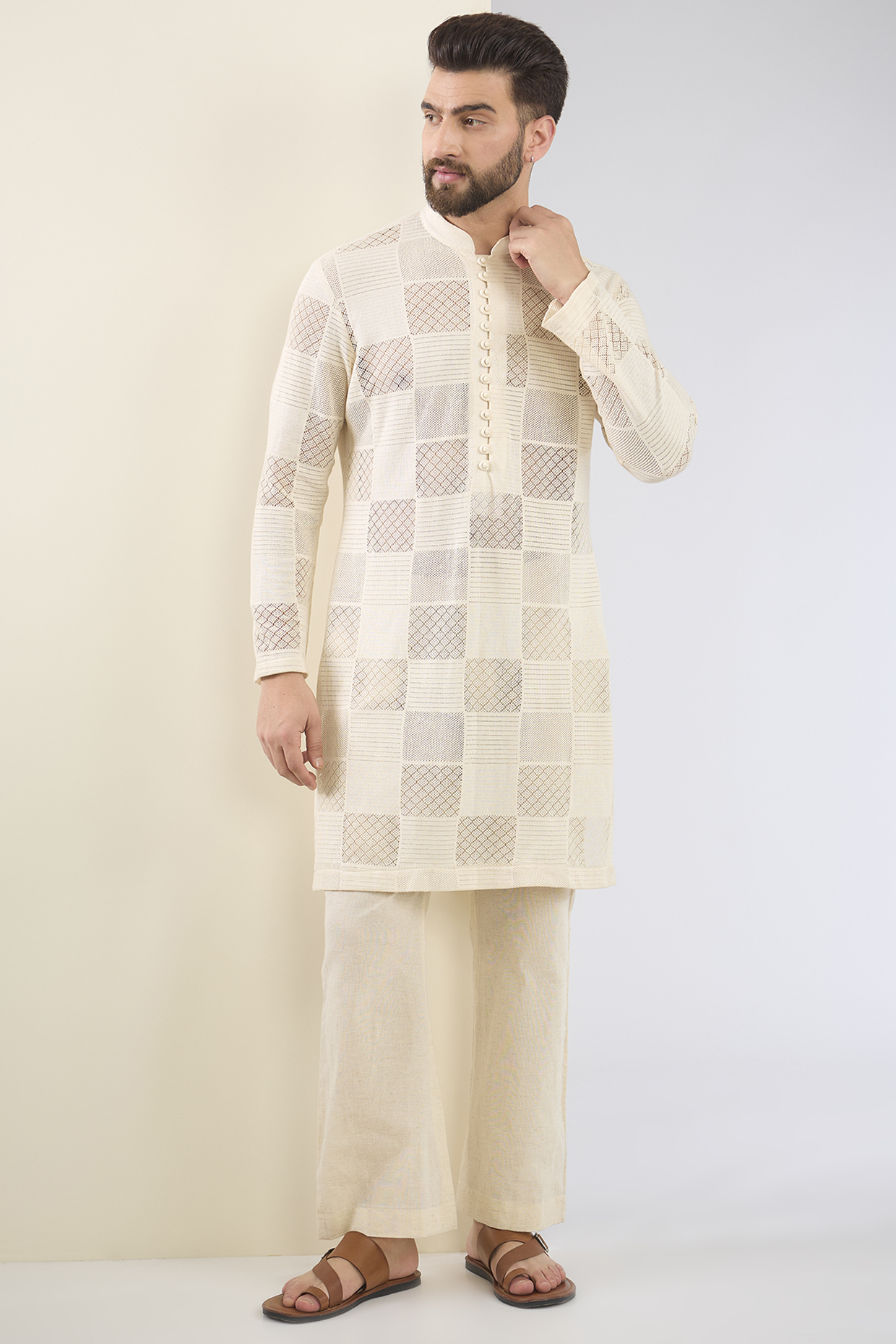 Ivory Cotton Textured Kurta Set by SANCHIT SHARMA