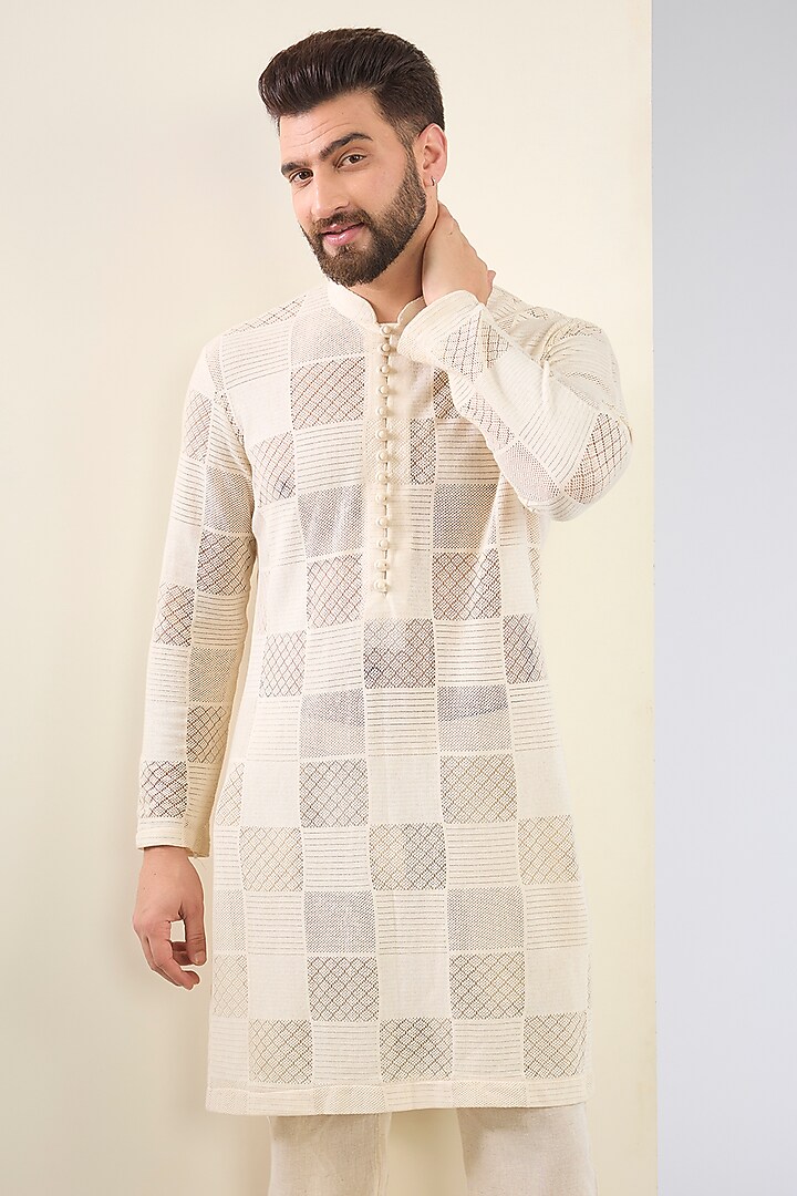 Ivory Cotton Textured Kurta Set by SANCHIT SHARMA at Pernia's Pop Up Shop