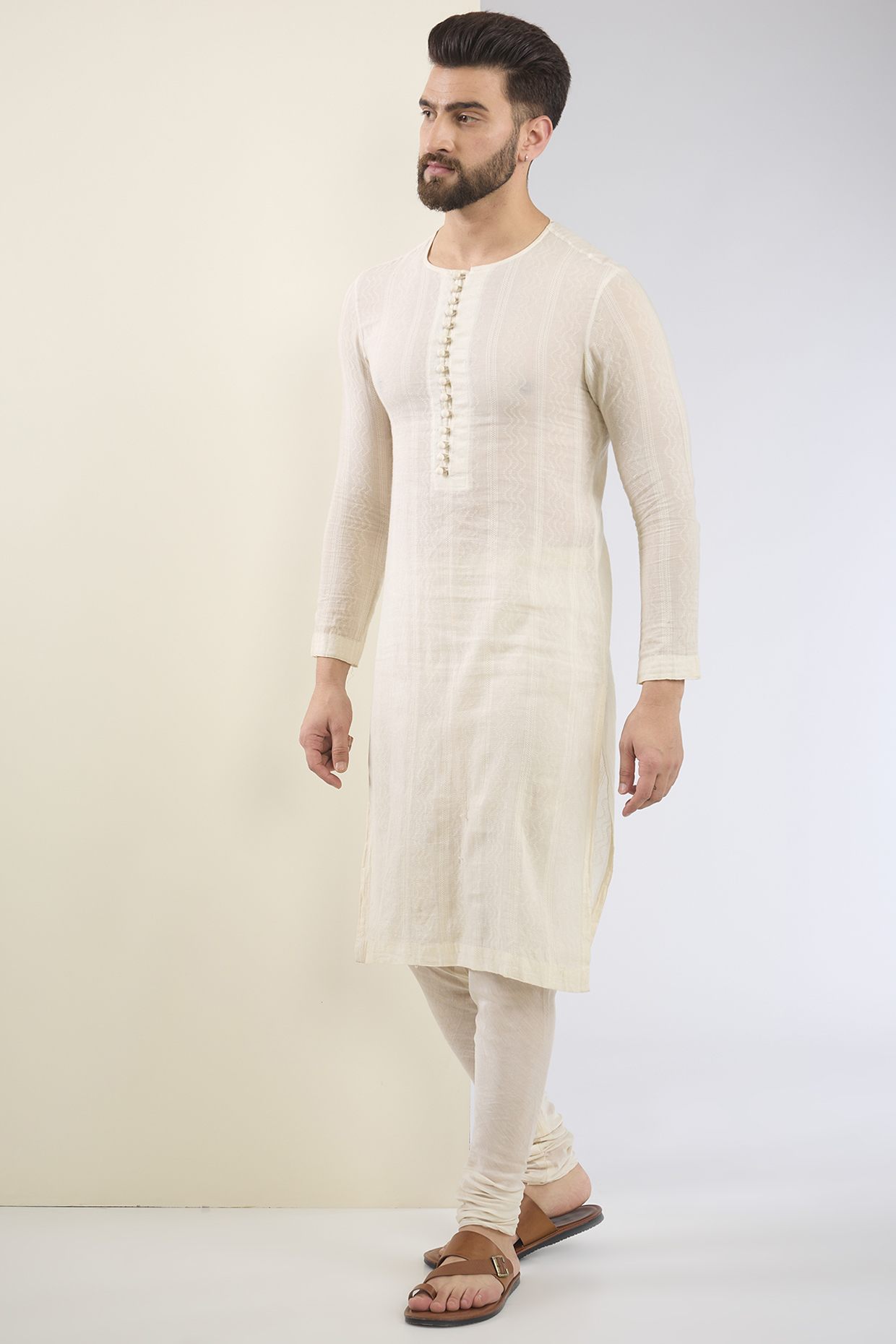 Ivory Cotton Textured Kurta Set by SANCHIT SHARMA