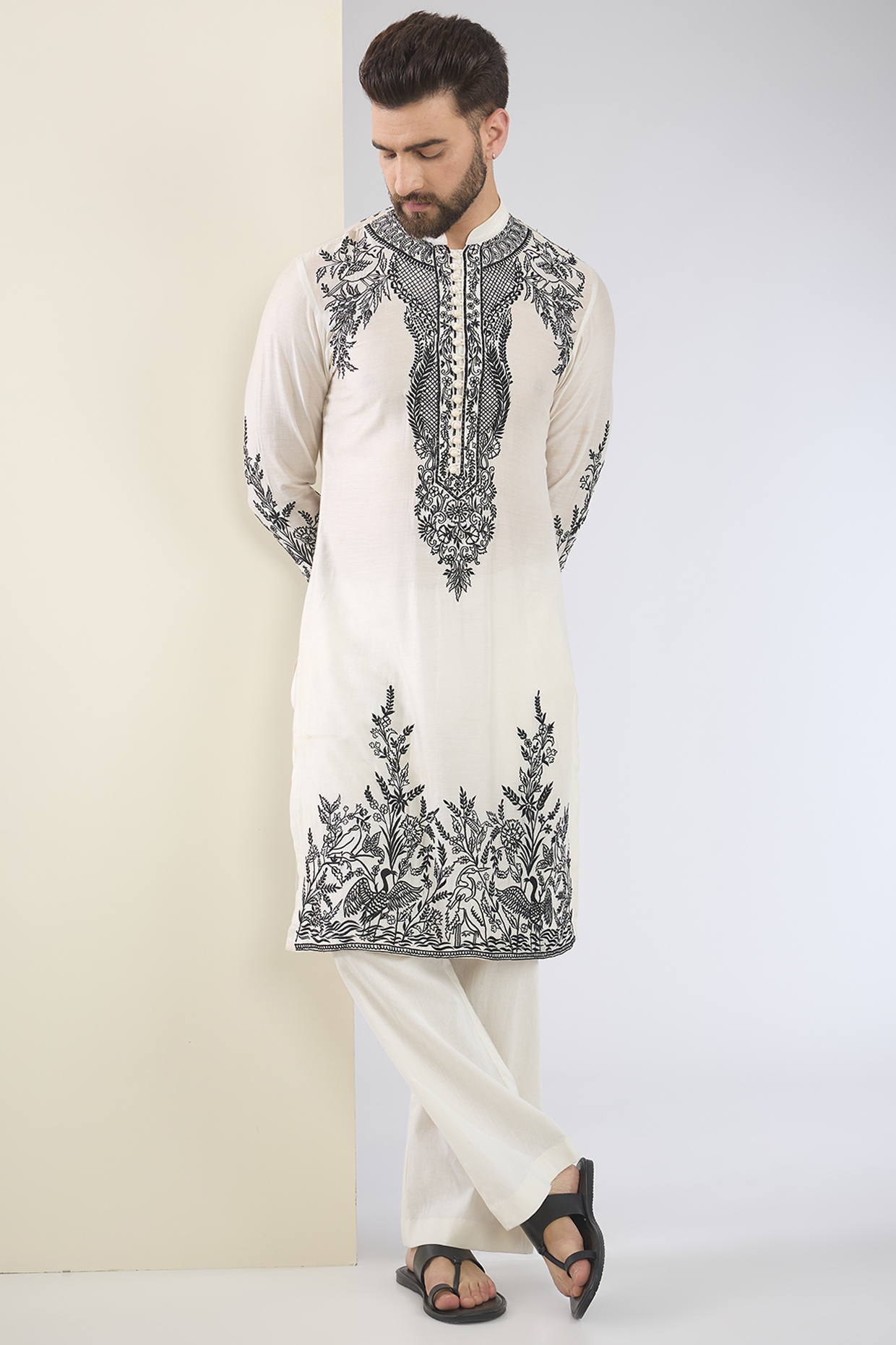 White Chanderi Silk Thread Embroidered Kurta Set by SANCHIT SHARMA