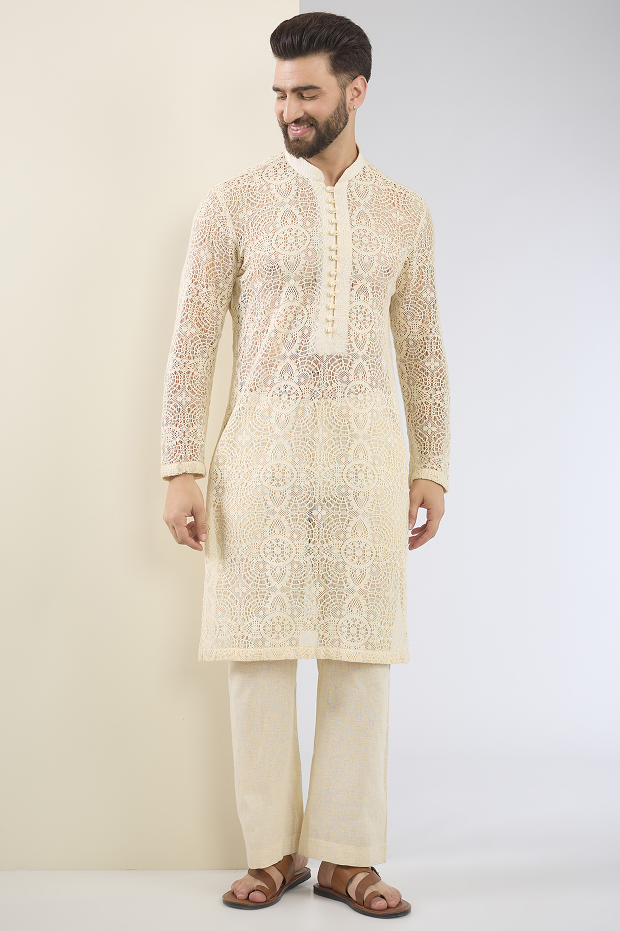 Ivory Cotton Textured Kurta Set by SANCHIT SHARMA