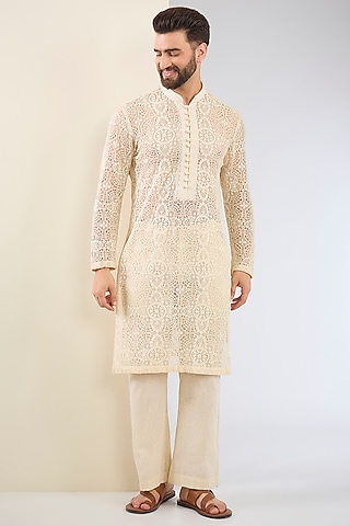 Ivory Cotton Textured Kurta Set by SANCHIT SHARMA