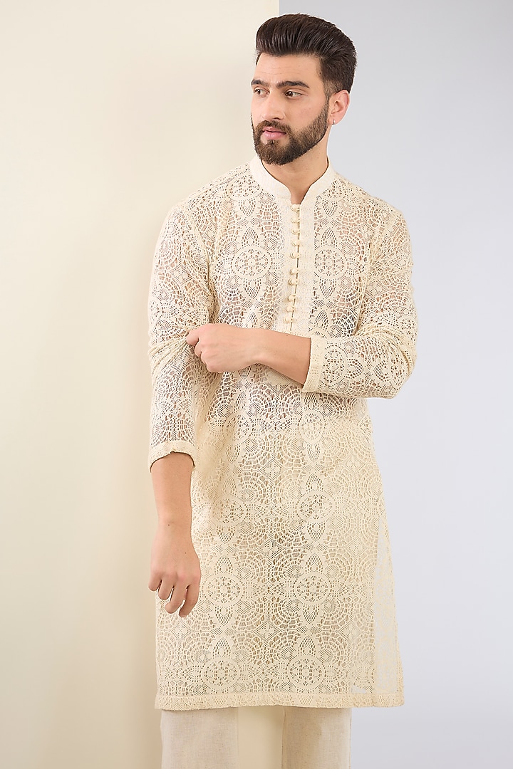 Ivory Cotton Textured Kurta Set by SANCHIT SHARMA at Pernia's Pop Up Shop