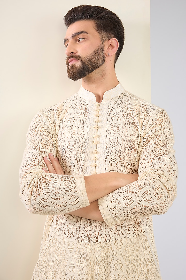 Ivory Cotton Textured Kurta Set by SANCHIT SHARMA at Pernia's Pop Up Shop