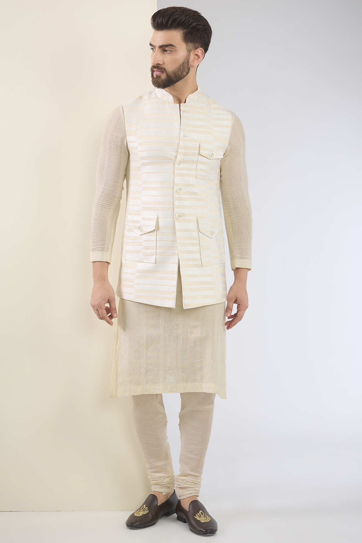 Ivory Cotton Textured Indo-Western Set by SANCHIT SHARMA