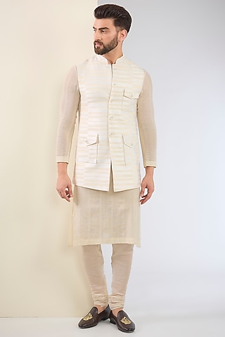 Ivory Cotton Textured Indo-Western Set by SANCHIT SHARMA