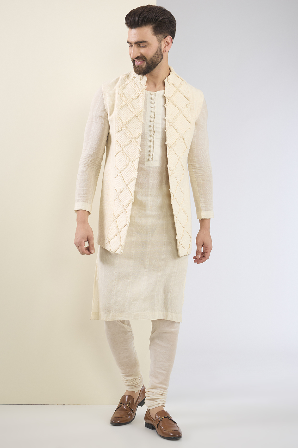 Ivory Cotton Textured Indo-Western Set by SANCHIT SHARMA