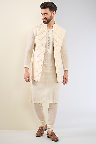 Ivory Cotton Textured Indo-Western Set by SANCHIT SHARMA