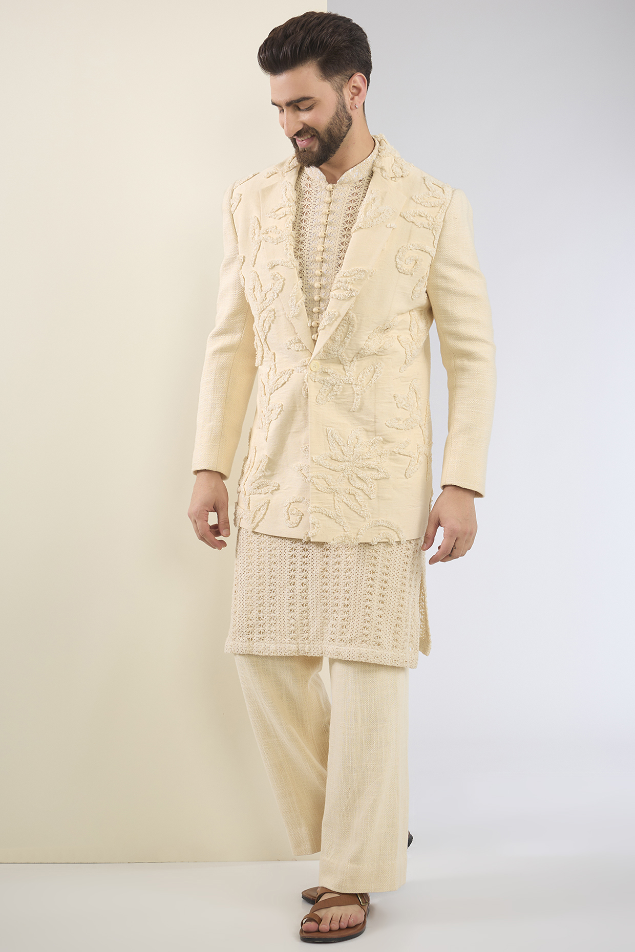 Ivory Cotton Textured Indo-Western Set by SANCHIT SHARMA