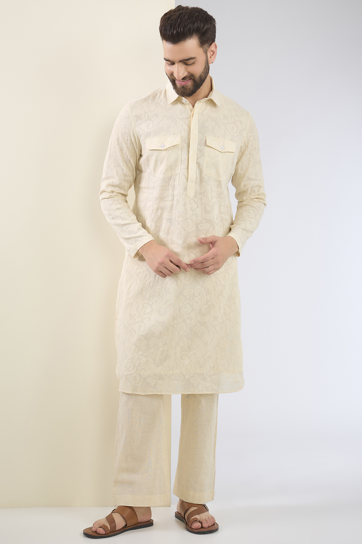 Ivory Cotton Textured Kurta Set by SANCHIT SHARMA
