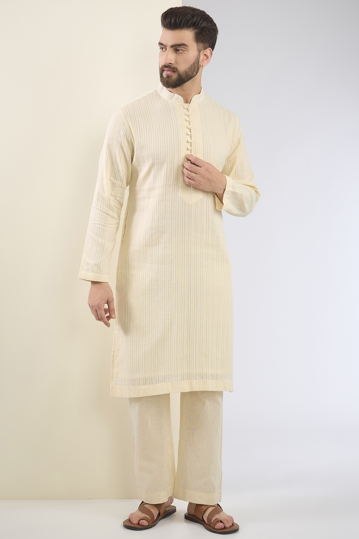 Ivory Cotton Textured Kurta Set by SANCHIT SHARMA