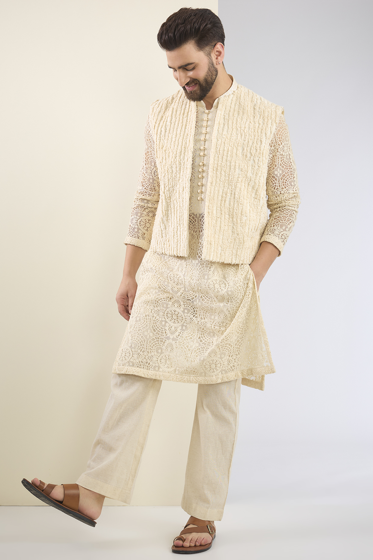 Ivory Cotton Textured Indo-Western Set by SANCHIT SHARMA