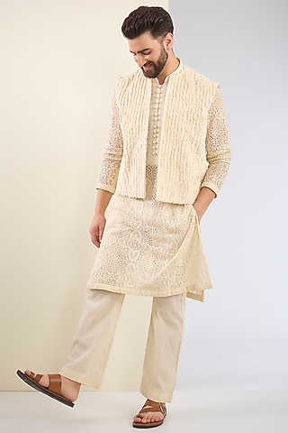 Ivory Cotton Textured Indo-Western Set by SANCHIT SHARMA