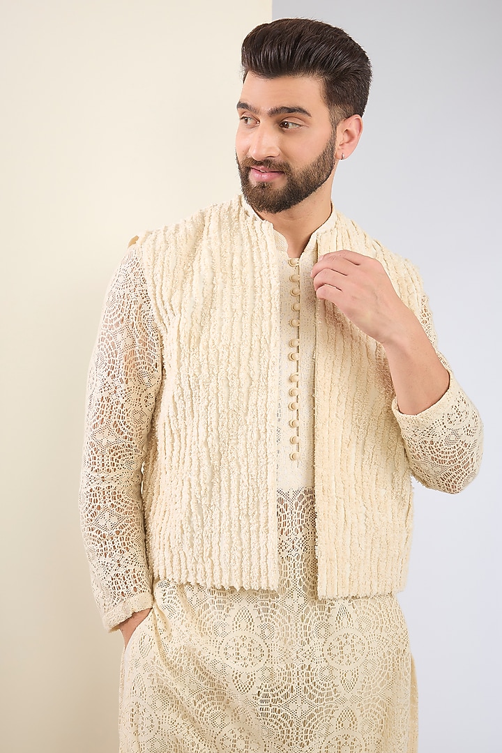 Ivory Cotton Textured Indo-Western Set by SANCHIT SHARMA at Pernia's Pop Up Shop