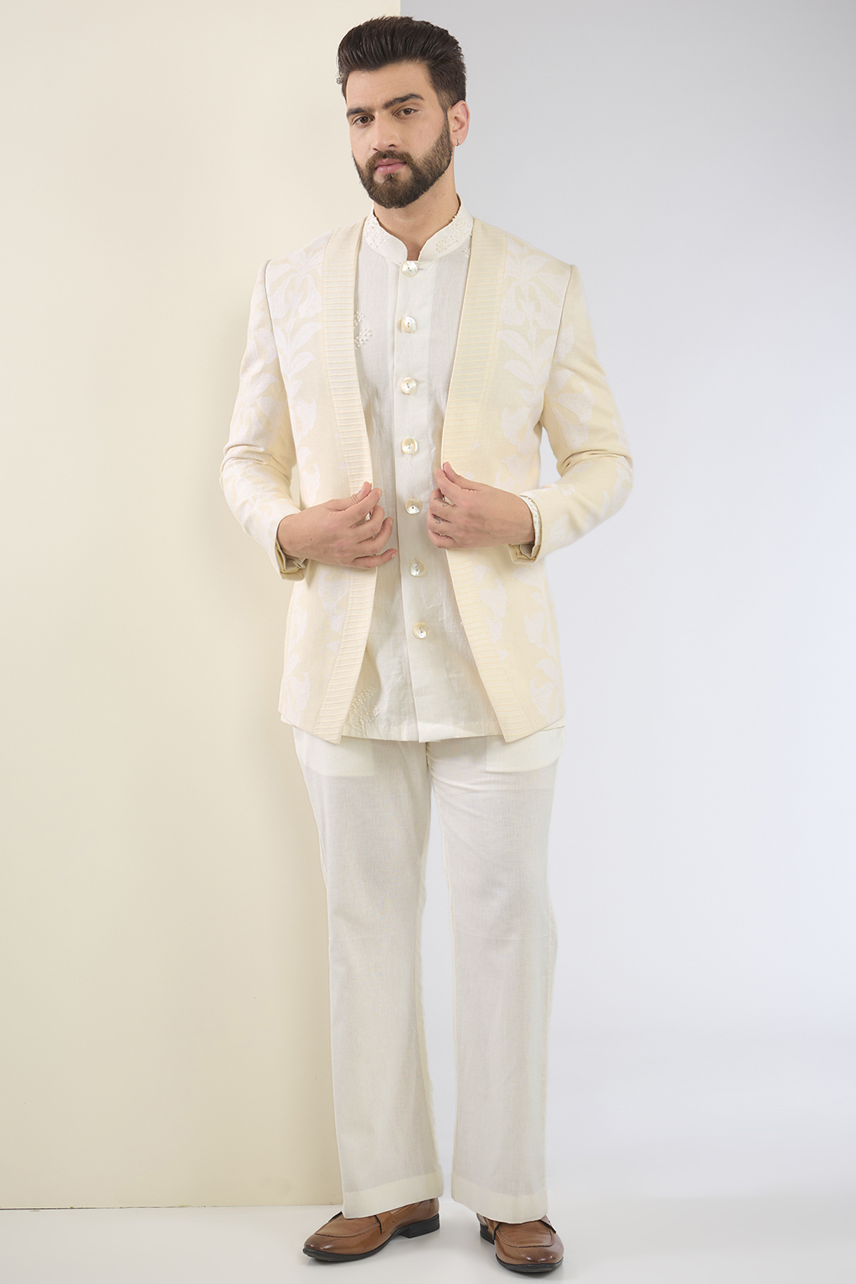 Ivory Cotton Textured Indo-Western Set by SANCHIT SHARMA