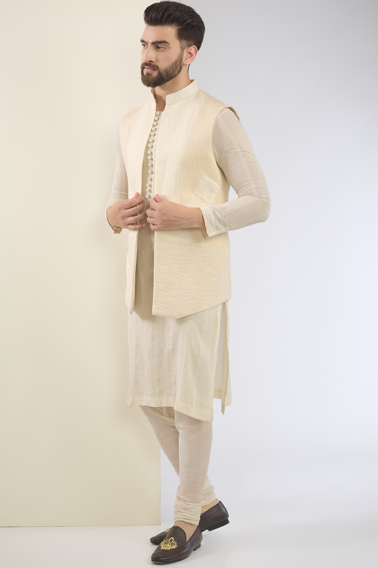 Ivory Cotton Textured Indo-Western Set by SANCHIT SHARMA