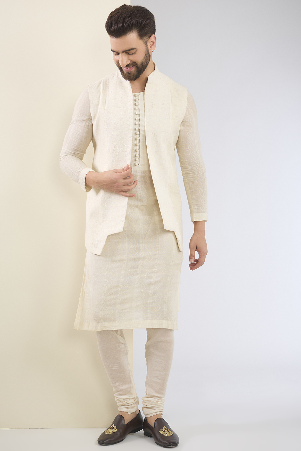 Ivory Cotton Textured Indo-Western Set by SANCHIT SHARMA