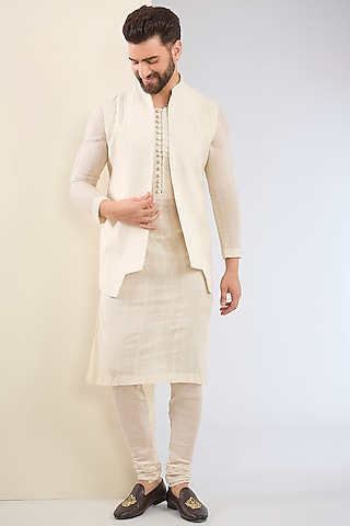 Ivory Cotton Textured Indo-Western Set by SANCHIT SHARMA