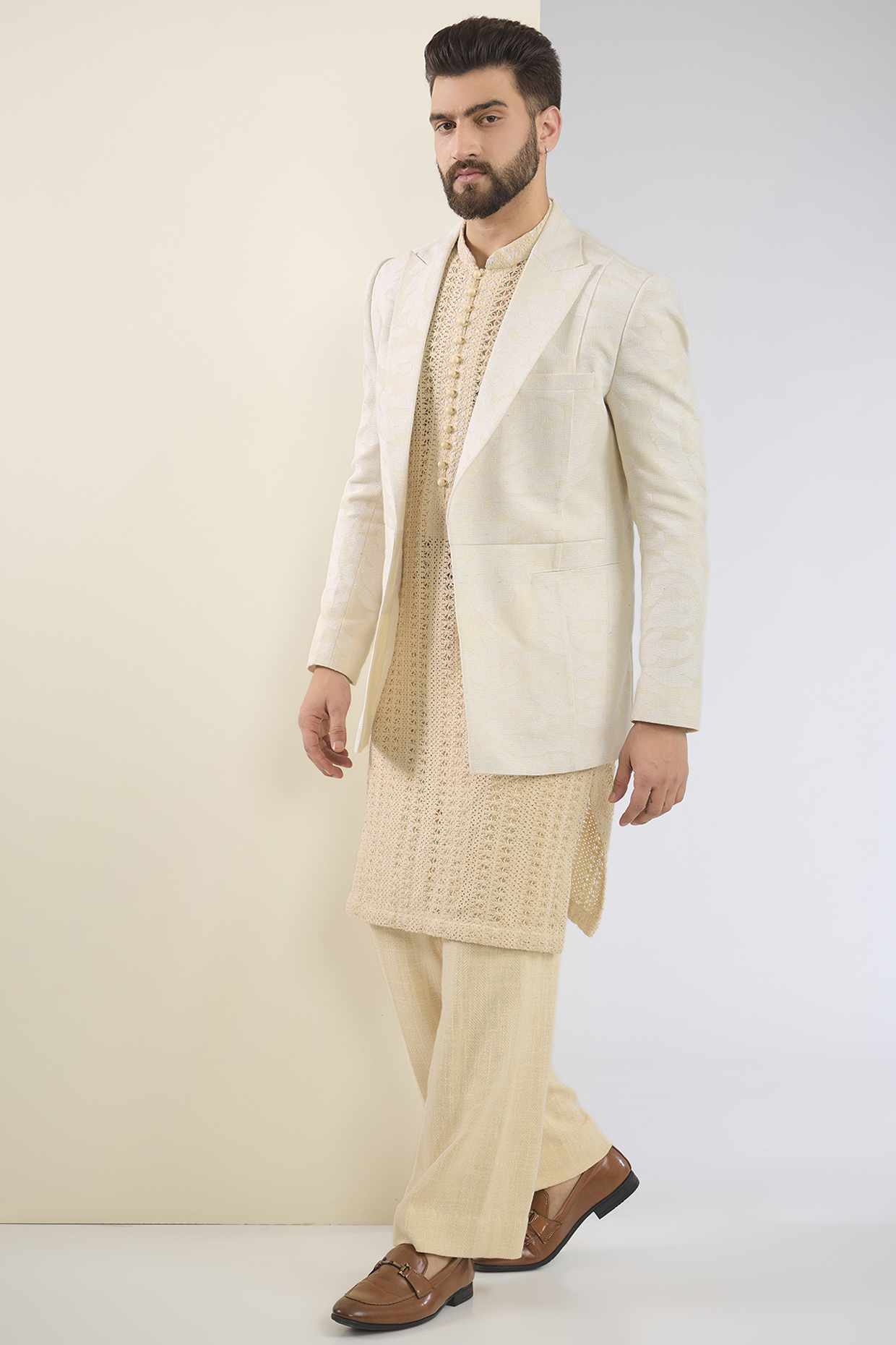 Ivory Cotton Textured Indo-Western Set by SANCHIT SHARMA