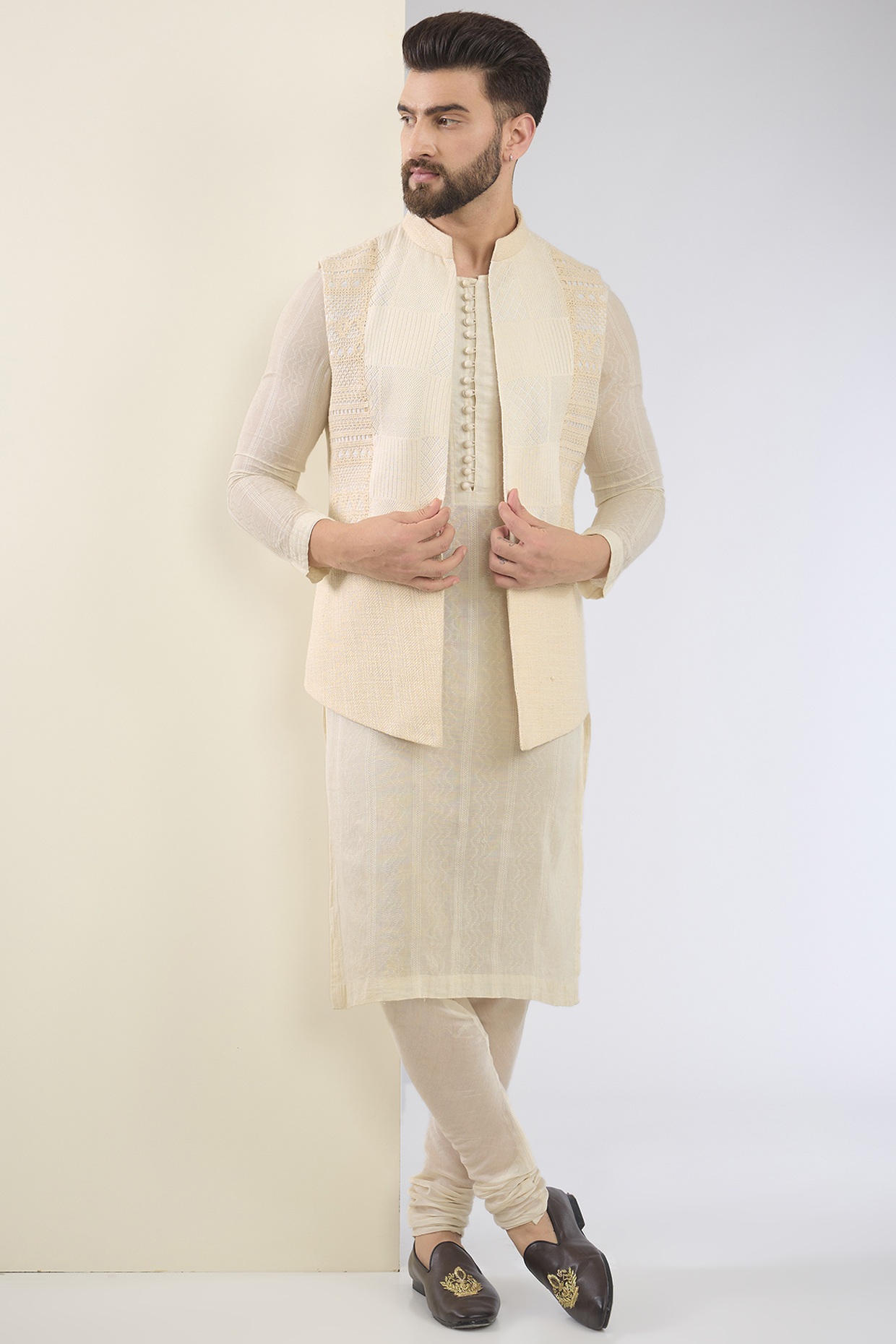 Ivory Cotton Textured Indo-Western Set by SANCHIT SHARMA