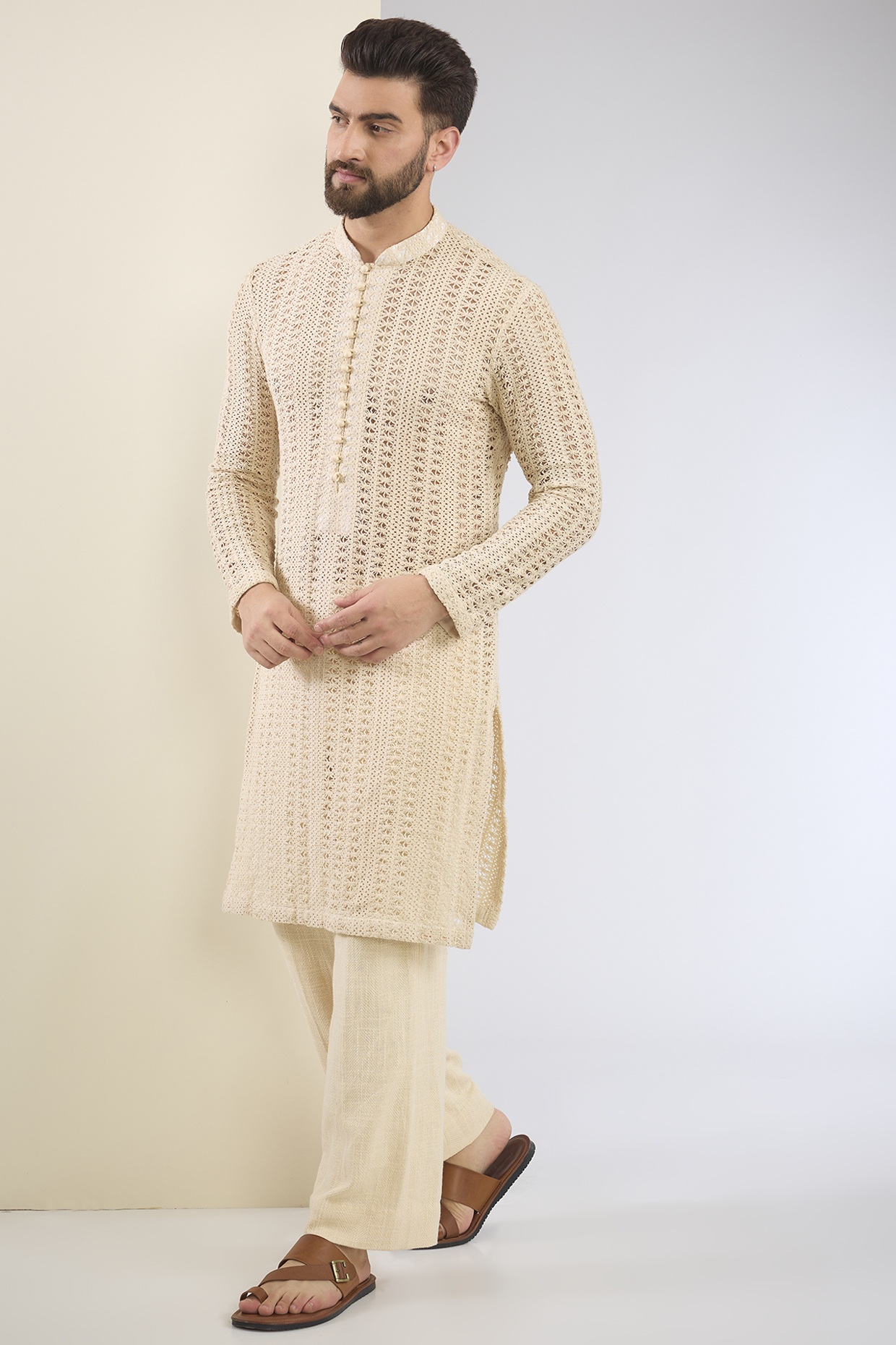 Ivory Cotton Textured Kurta Set by SANCHIT SHARMA