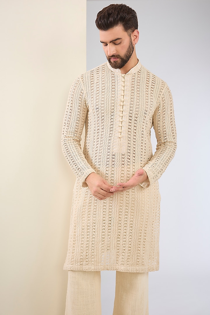 Ivory Cotton Textured Kurta Set by SANCHIT SHARMA at Pernia's Pop Up Shop