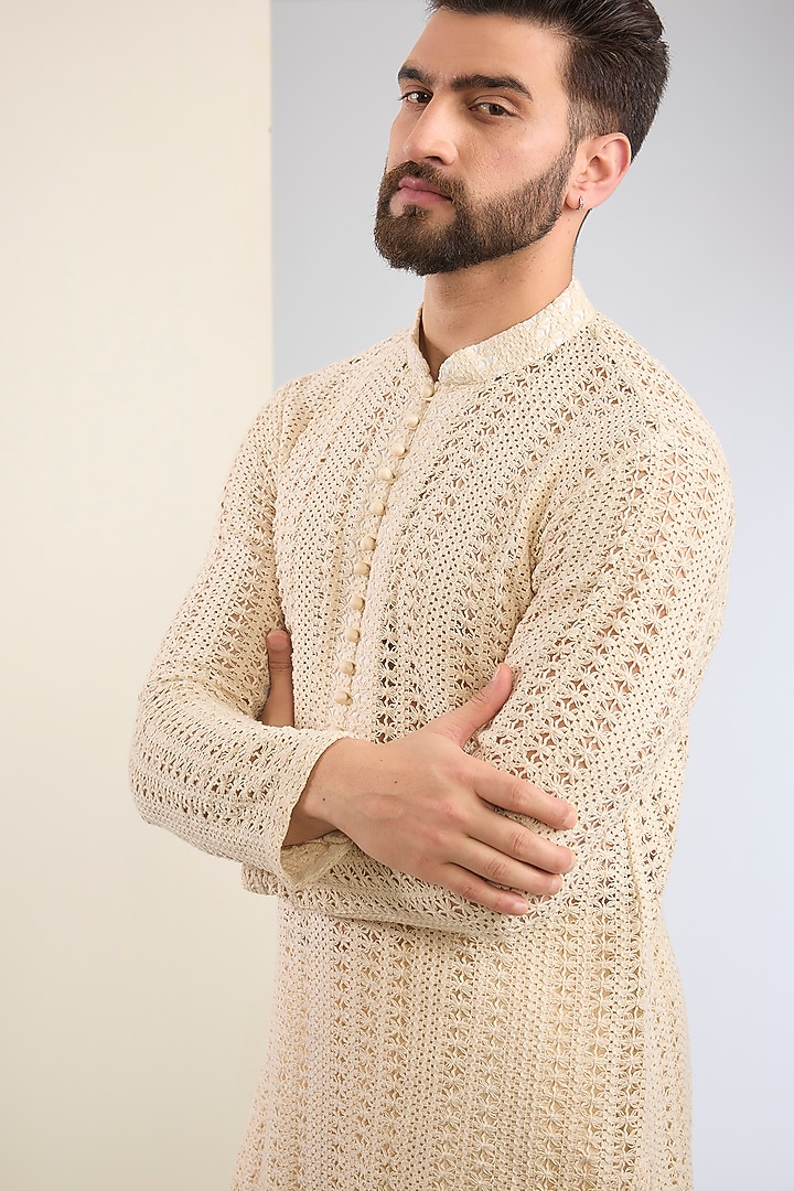 Ivory Cotton Textured Kurta Set by SANCHIT SHARMA at Pernia's Pop Up Shop