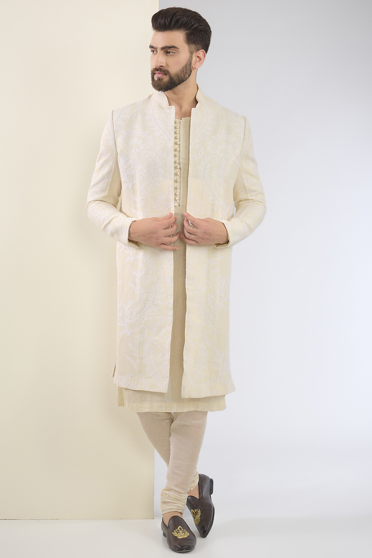 Ivory Cotton Textured Indo-Western Set by SANCHIT SHARMA