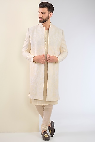 Ivory Cotton Textured Indo-Western Set by SANCHIT SHARMA