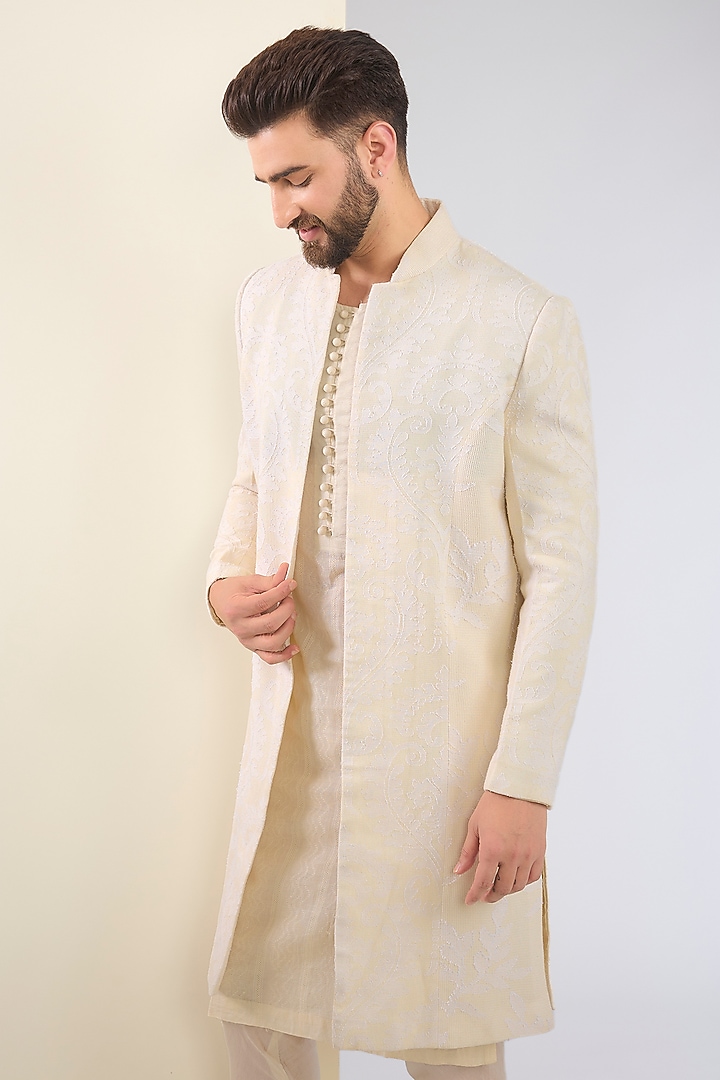 Ivory Cotton Textured Indo-Western Set by SANCHIT SHARMA at Pernia's Pop Up Shop