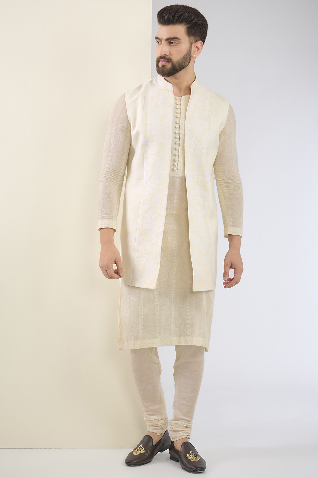 Ivory Cotton Textured Indo-Western Set by SANCHIT SHARMA